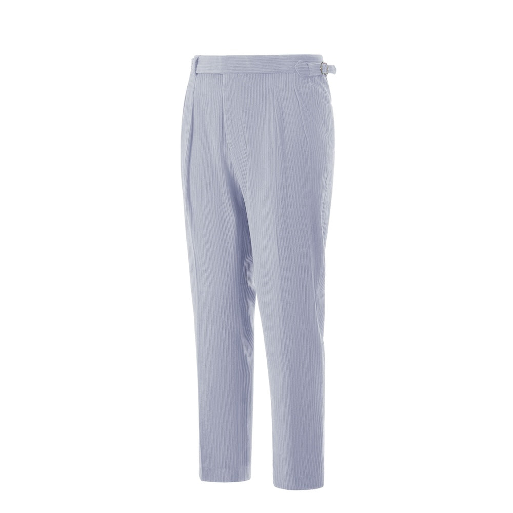 Side view of sky blue corduroy pants – tailored leg and winter style finish