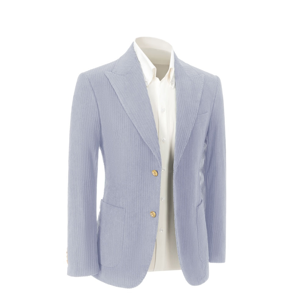 Right side view of sky blue corduroy blazer – winter 2 piece suit jacket style