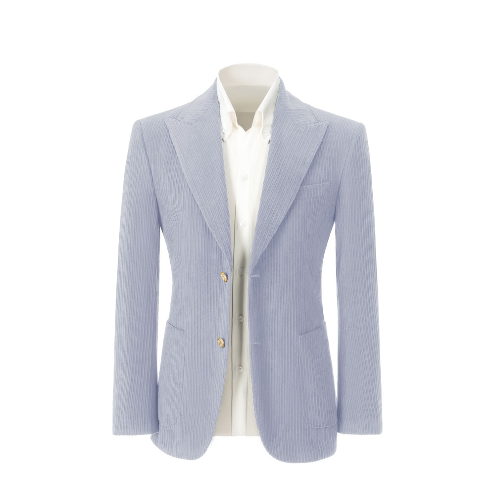 Men's sky blue corduroy blazer front view – double breasted winter 2 piece suit