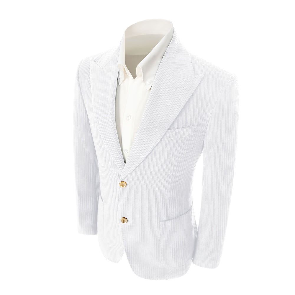 Left side of men's white corduroy blazer – classic peak lapel and tailored fit