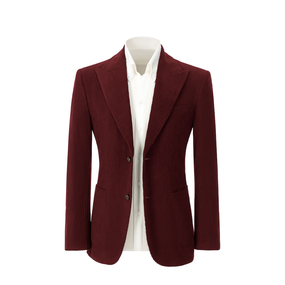 Men's wine red corduroy blazer front view – double breasted winter 2 piece suit