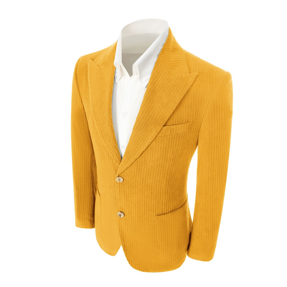 Left side of men's yellow corduroy blazer – classic peak lapel and tailored fit
