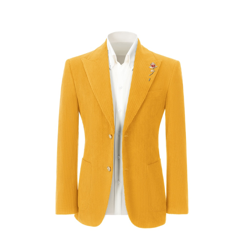 Men's yellow corduroy blazer front view – double breasted winter 2 piece suit