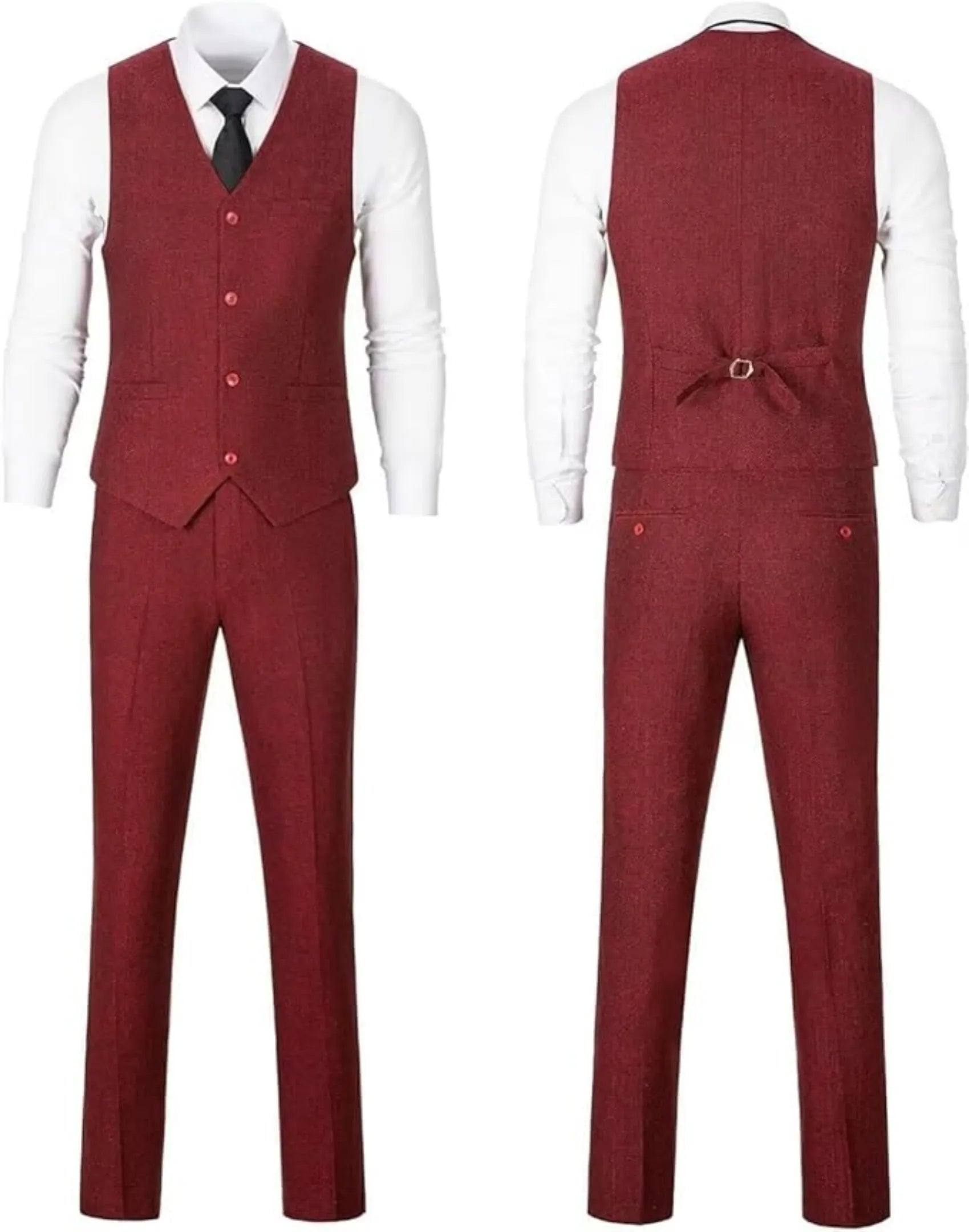 deep red herringbone 3 piece suit displayed on mannequin, showing vest and pants with front and back view in formal design