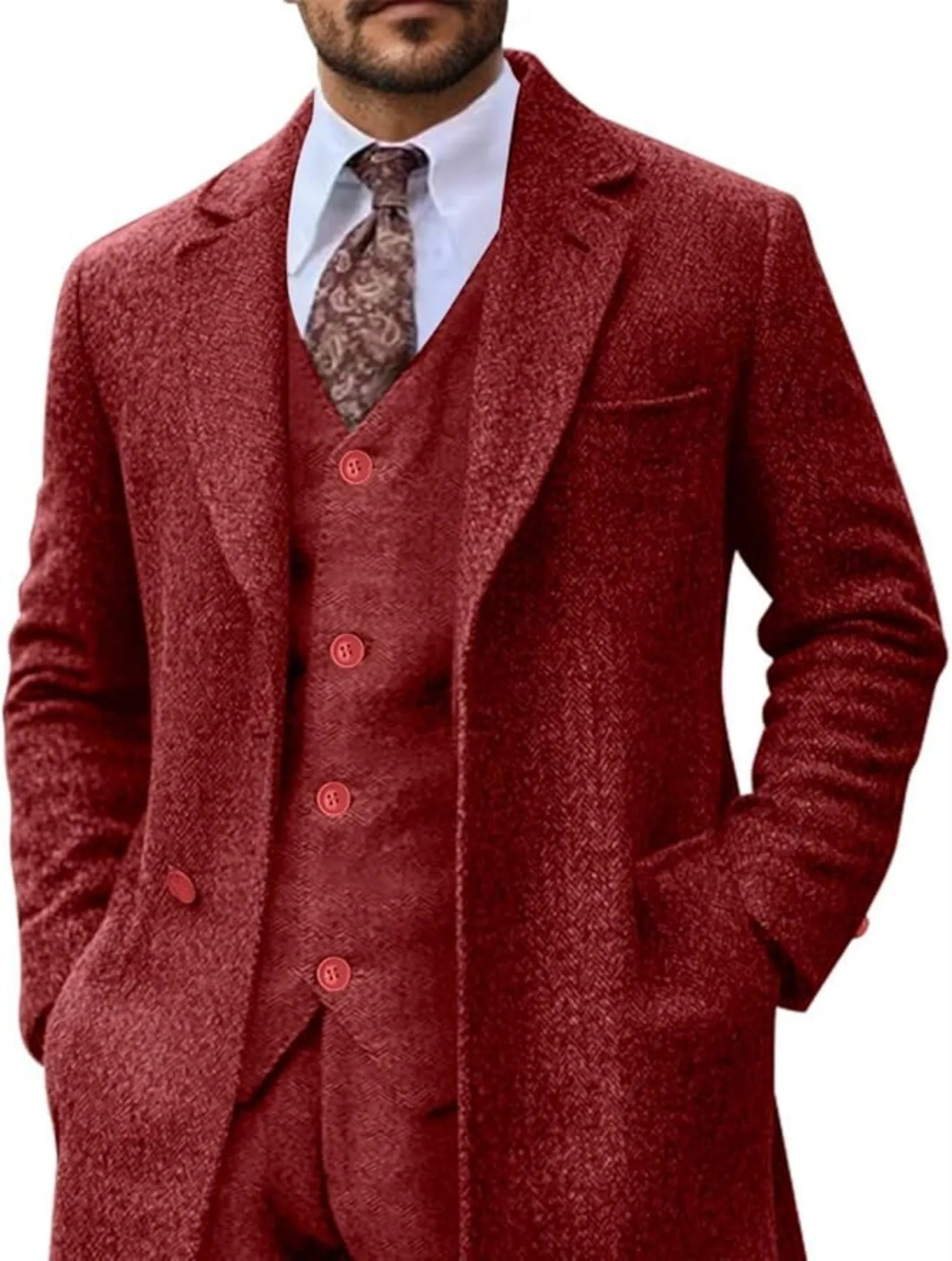 front view of men's deep red herringbone 3 piece suit with tweed long blazer, vest, and matching pants styled with patterned tie