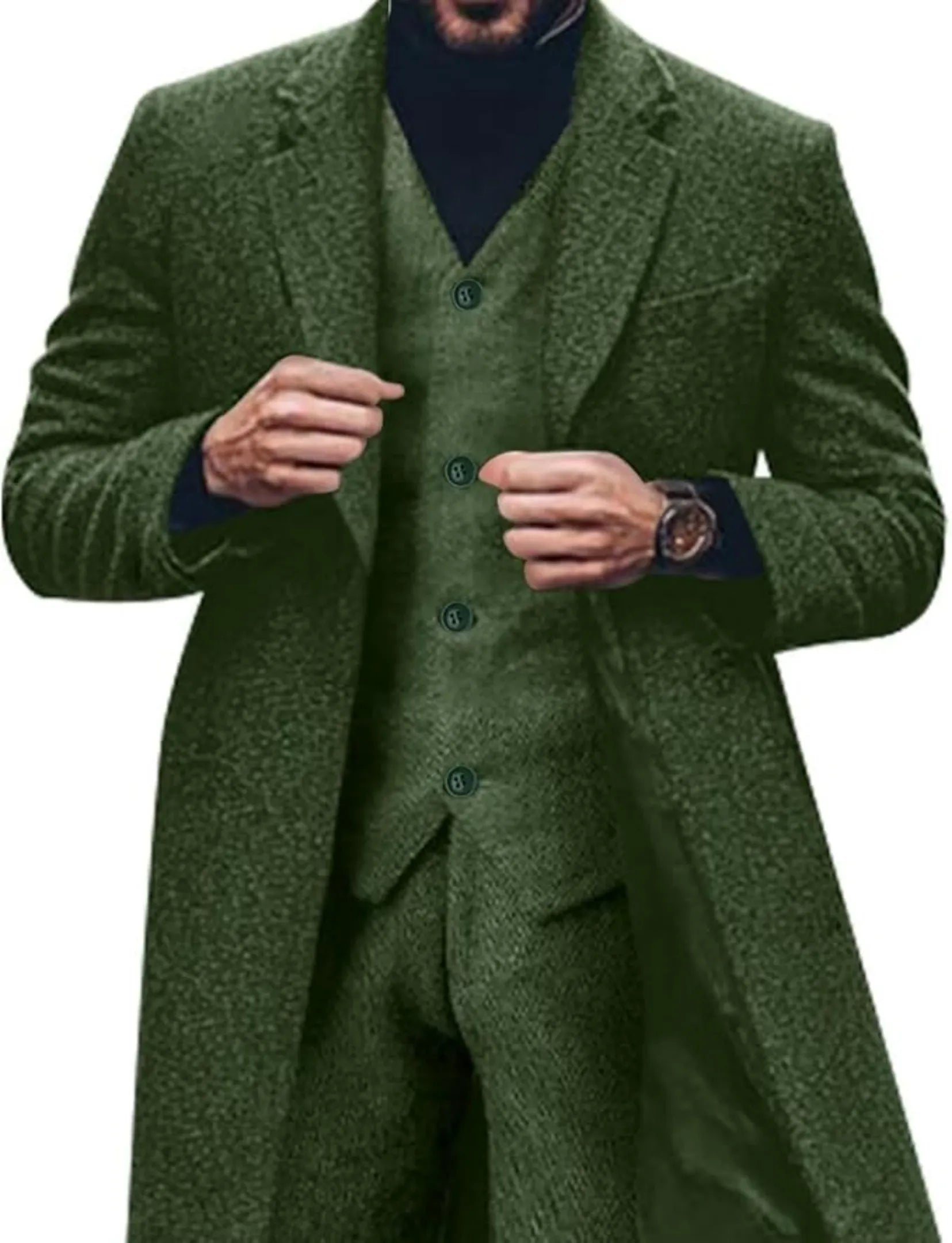 green herringbone tweed long blazer suit, styled with black turtleneck and matching vest, classic 3-piece formal outfit.