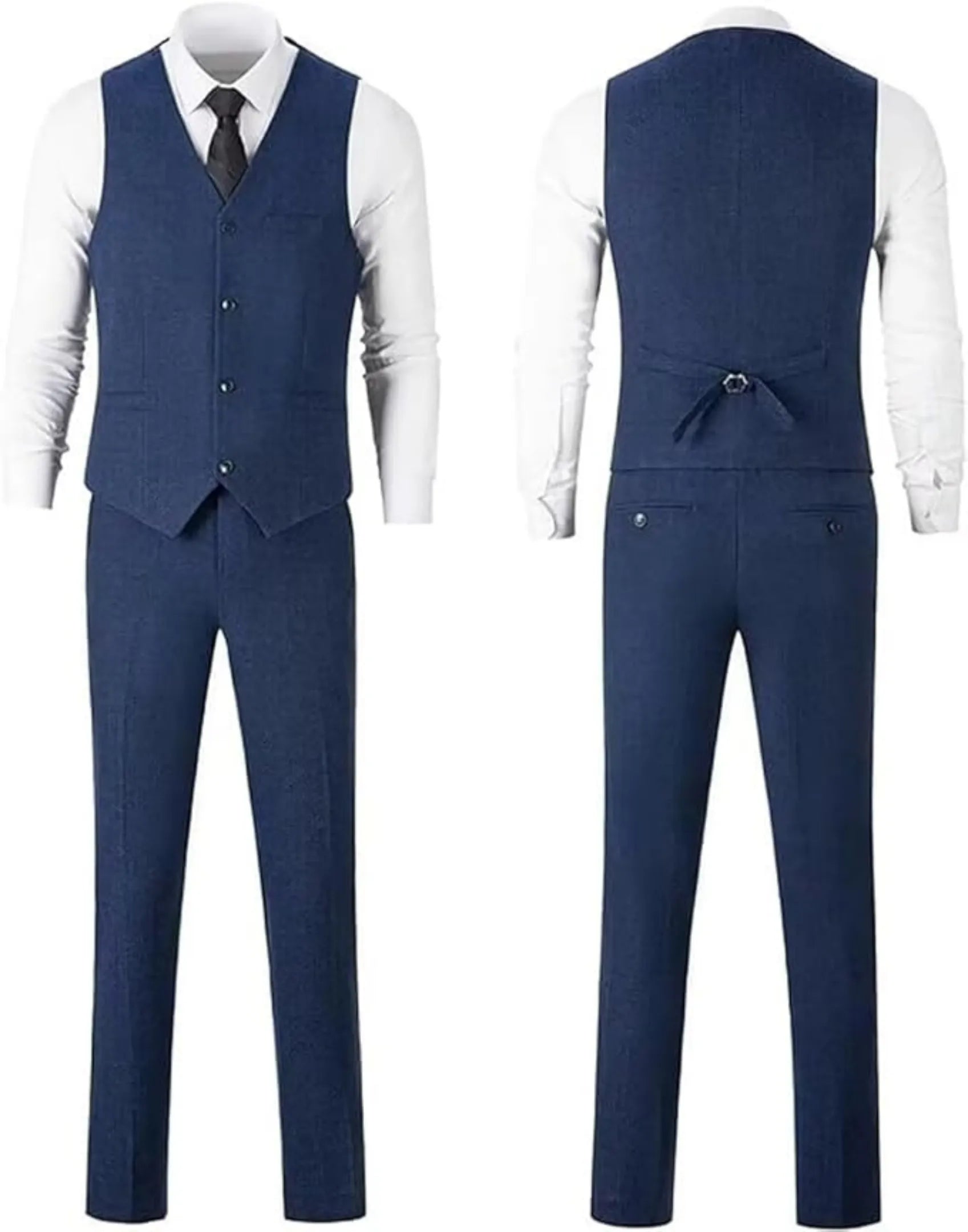 navy herringbone 3 piece suit vest and trousers displayed front and back, tailored fit with belt detail and black tie over white shirt.