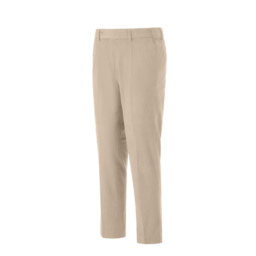 Side view of beige corduroy prom trousers – sleek formal cut for men
