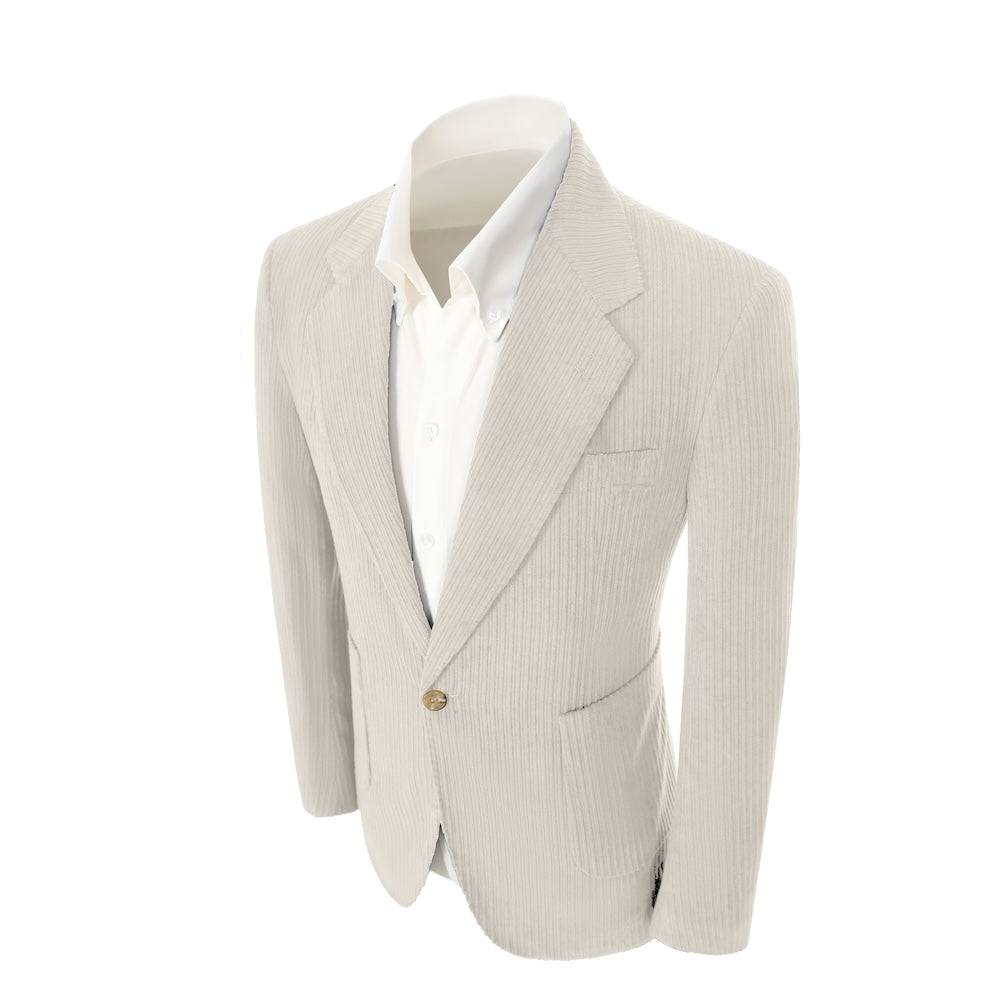 Left side of beige grey corduroy prom blazer – casual peak lapel party look