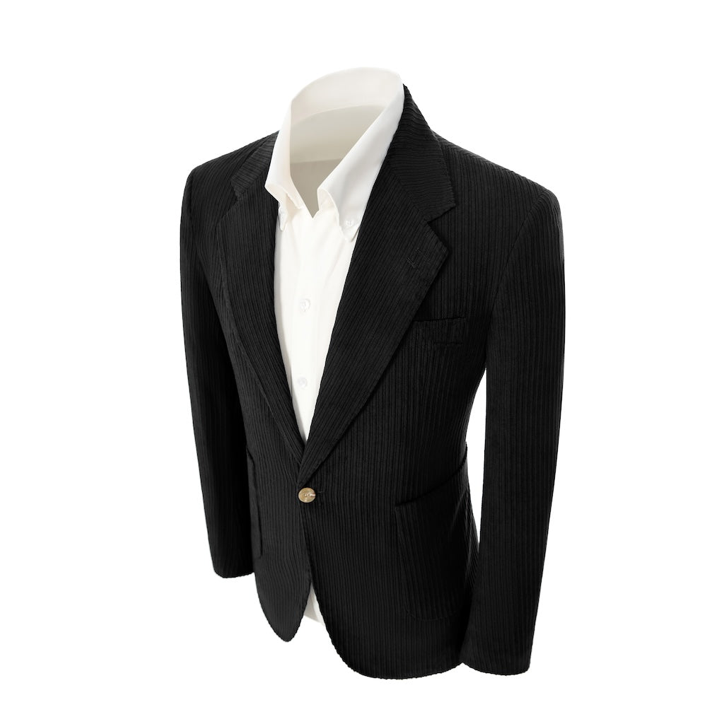Left side of black corduroy prom blazer – casual peak lapel party look