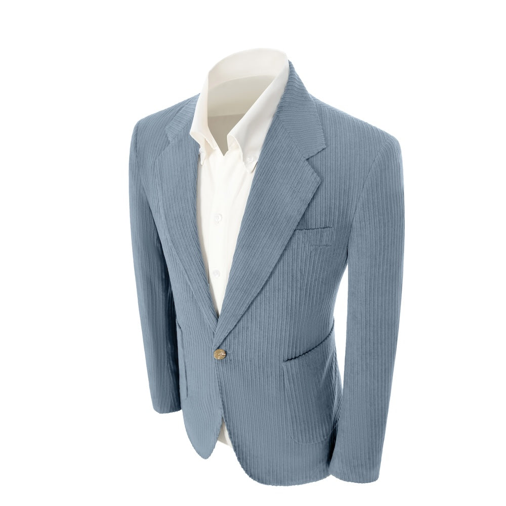 Left side of blue corduroy prom blazer – casual peak lapel party look