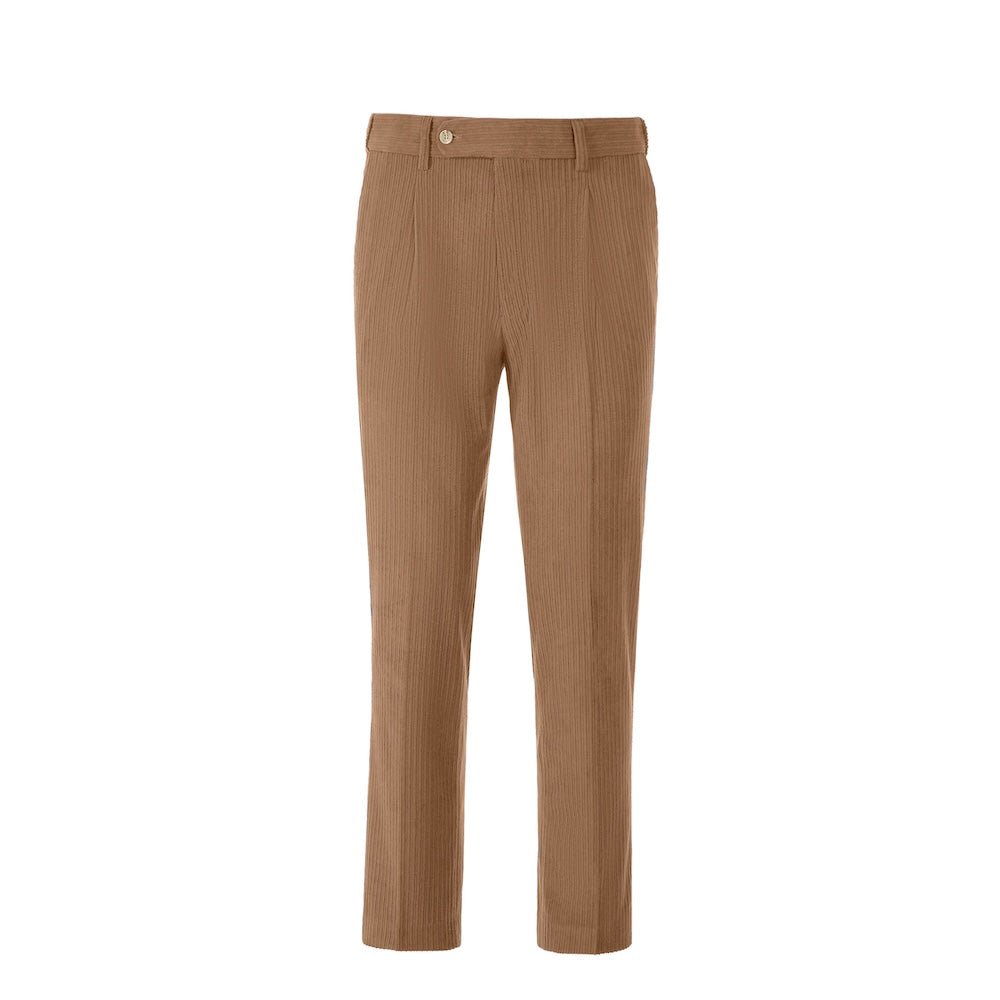 Front view of men's caramel prom pants – slim fit corduroy with classic design