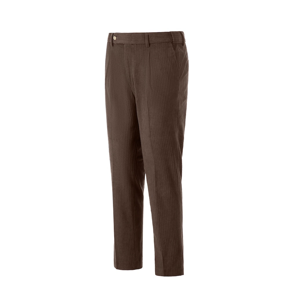 Side view of coffee corduroy prom trousers – sleek formal cut for men