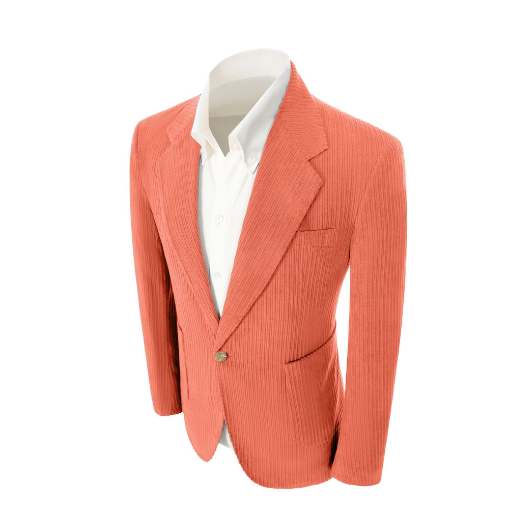 Left side of coral corduroy prom blazer – casual peak lapel party look