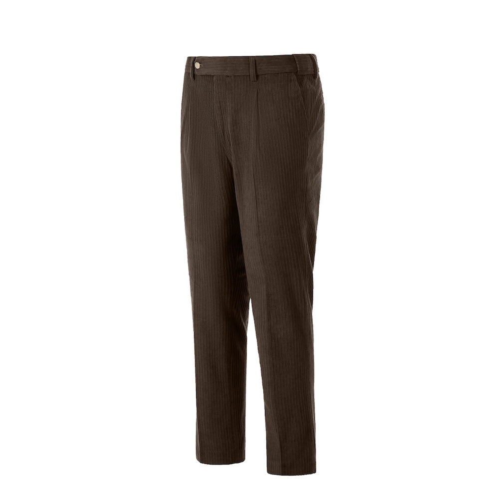 Side view of dark coffee corduroy prom trousers – sleek formal cut for men