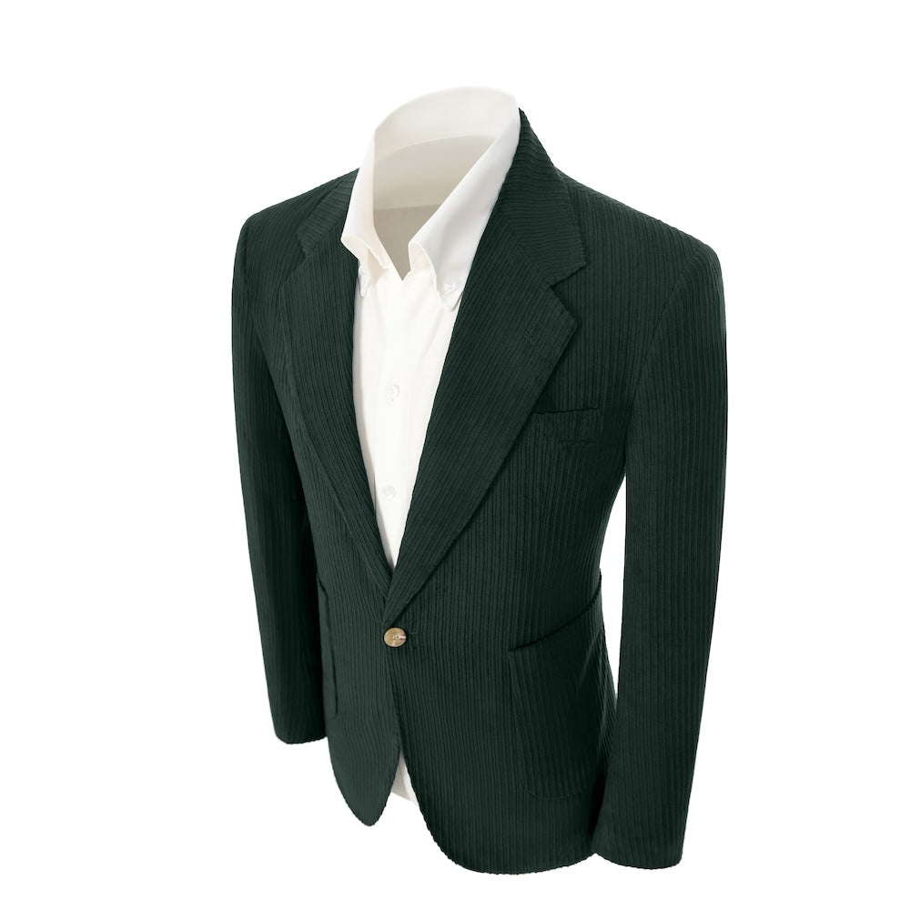 Left side of dark green corduroy prom blazer – casual peak lapel party look