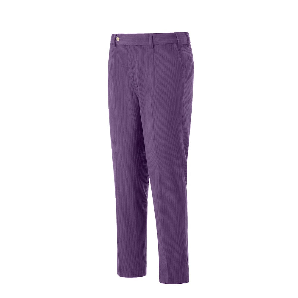 Side view of dark purple corduroy prom trousers – sleek formal cut for men