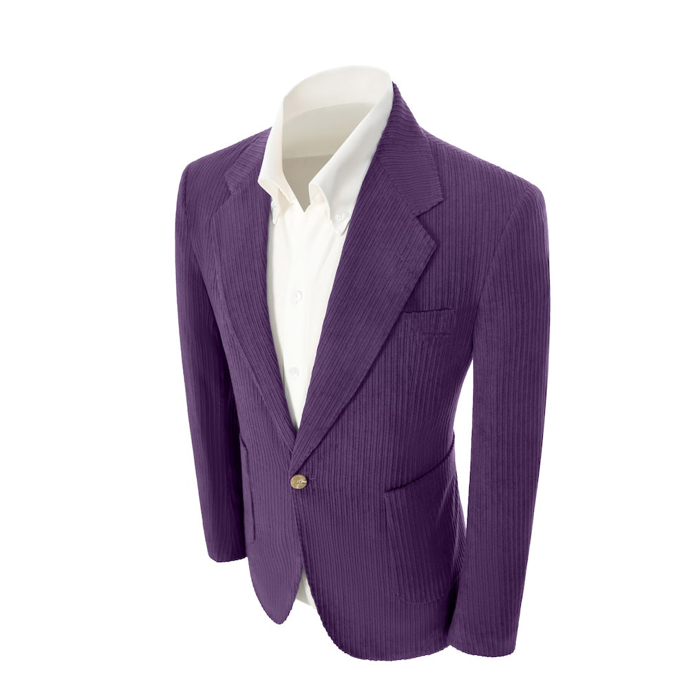 Left side of dark purple corduroy prom blazer – casual peak lapel party look