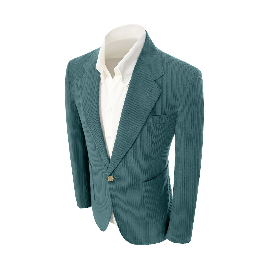Left side of fruit green corduroy prom blazer – casual peak lapel party look