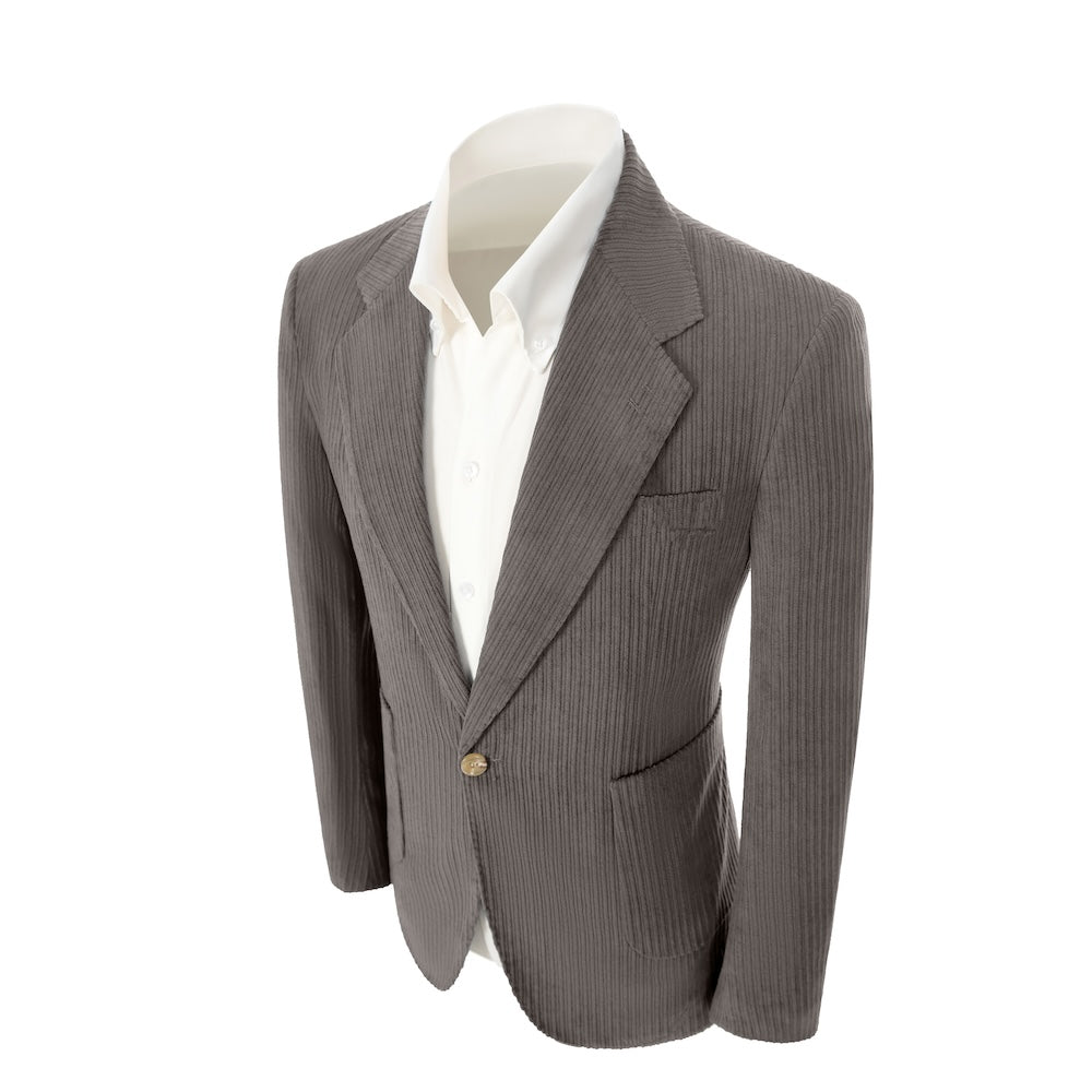 Left side of grey corduroy prom blazer – casual peak lapel party look