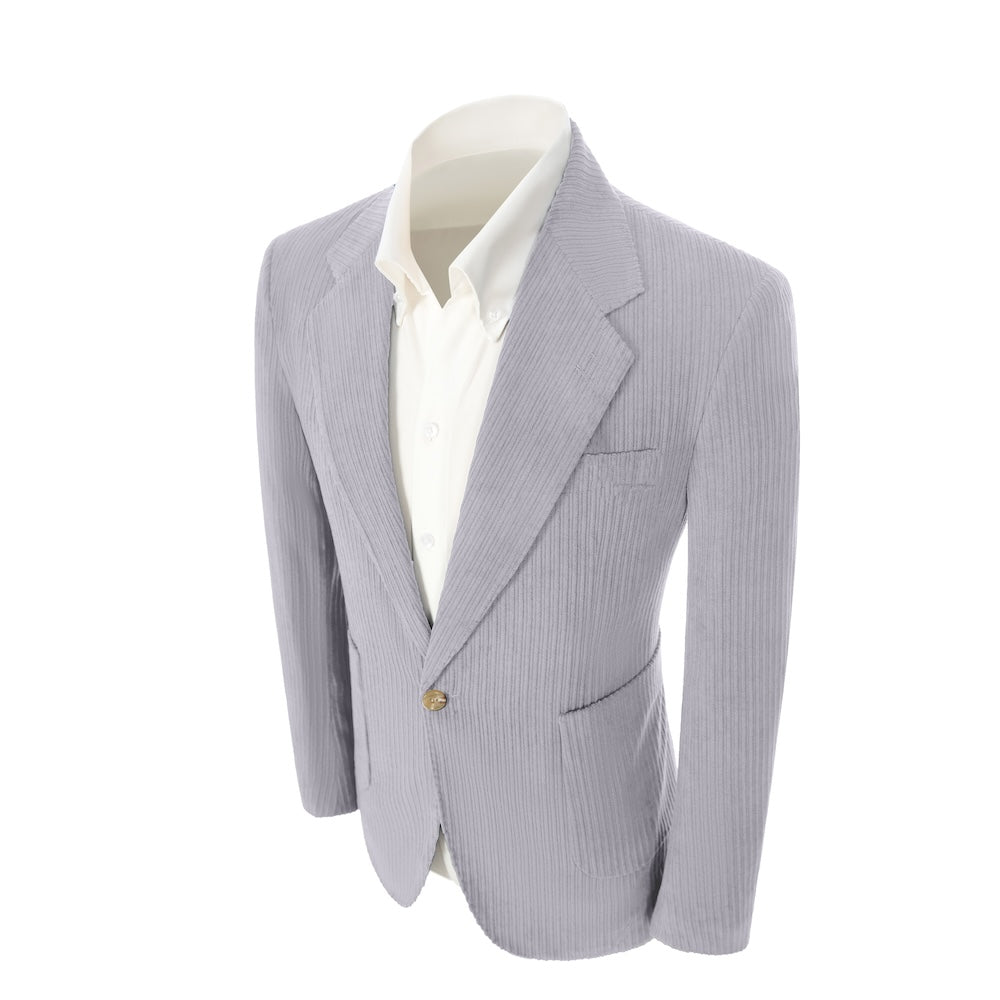 Left side of grey purple corduroy blazer – peak lapel and soft winter texture