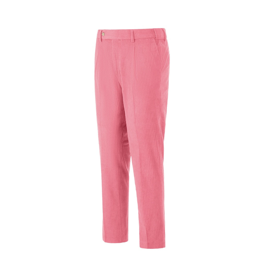 Side view of hot pink corduroy prom trousers – sleek formal cut for men