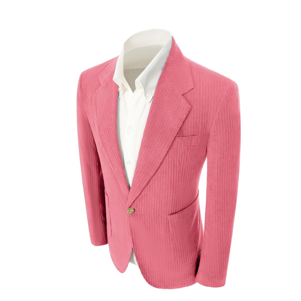 Left side of hot pink corduroy prom blazer – casual peak lapel party look
