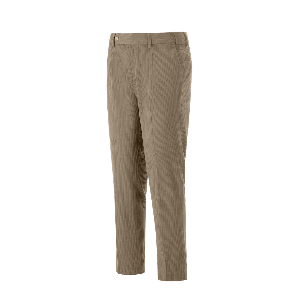 Side view of light brown corduroy prom trousers – sleek formal cut for men