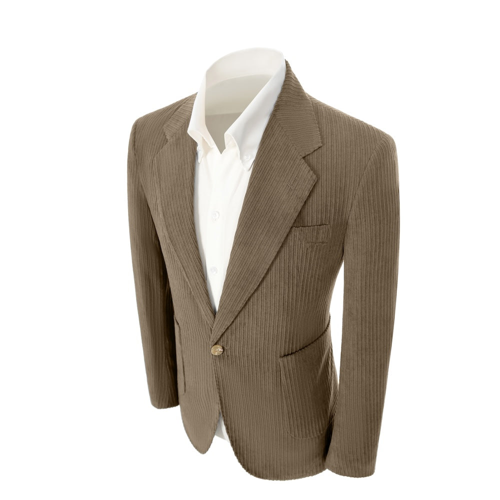 Left side of light brown corduroy prom blazer – casual peak lapel party look