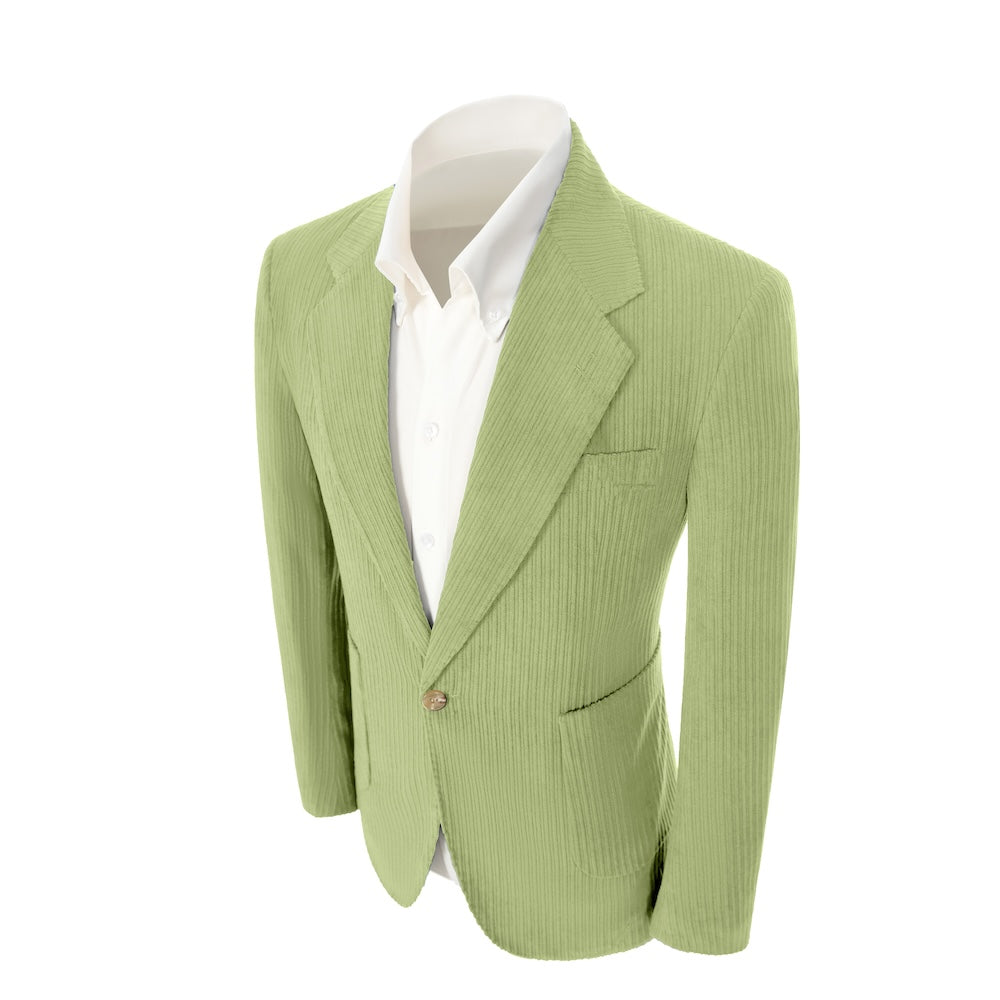 Left side of light green corduroy prom blazer – casual peak lapel party look
