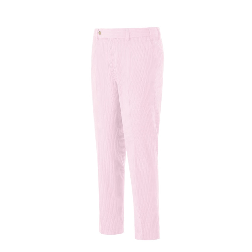 Side view of light pink corduroy prom trousers – sleek formal cut for men