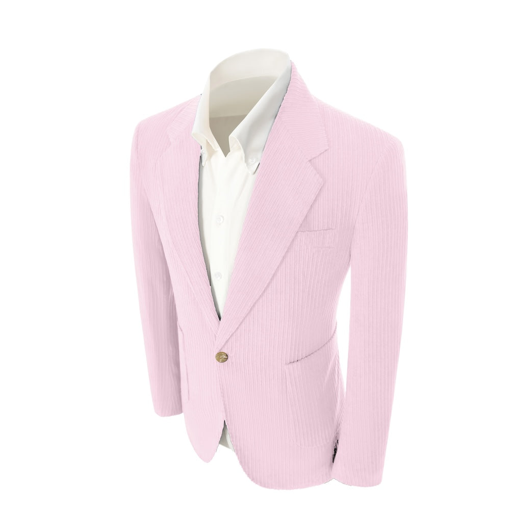 Left side of light pink corduroy prom blazer – casual peak lapel party look