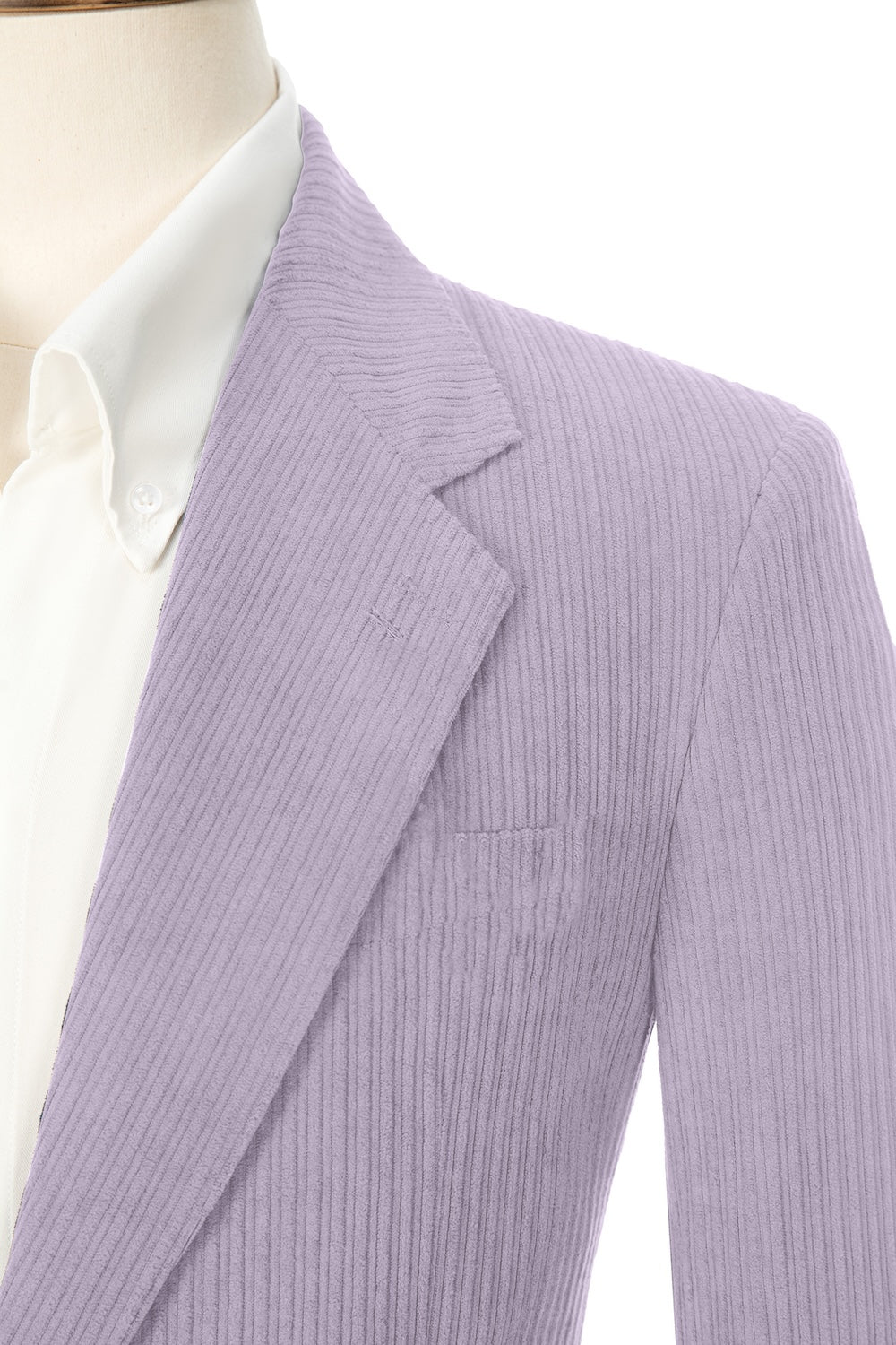 Close-up of light purple corduroy prom blazer lapel – textured fabric, elegant cut