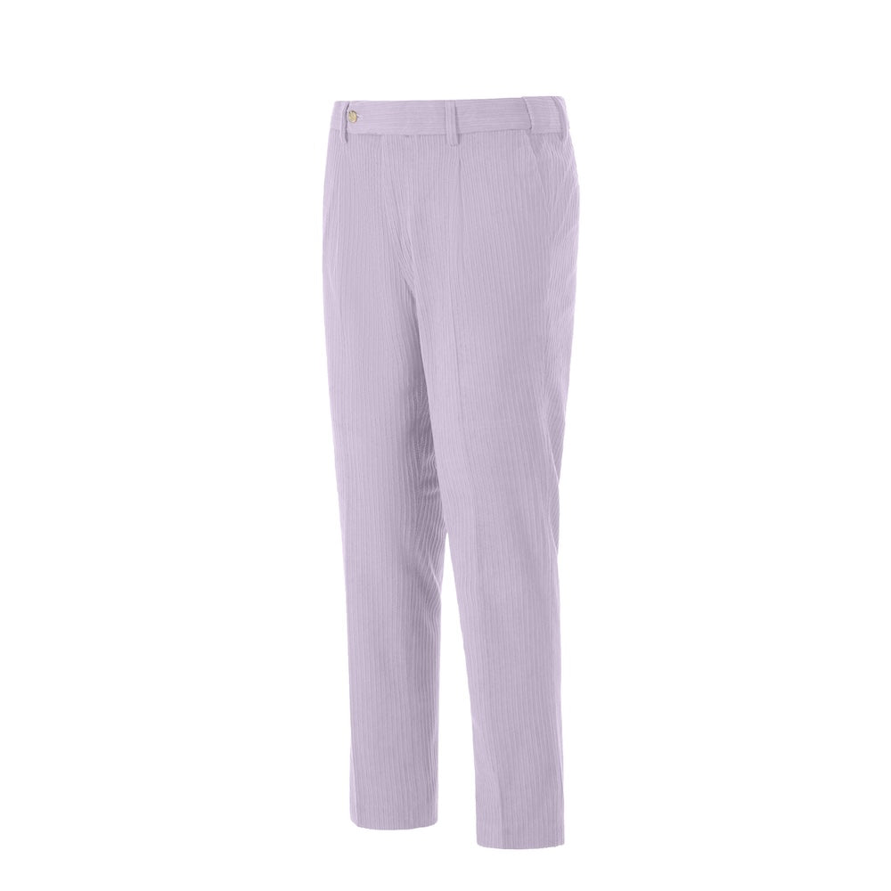 Side view of light purple corduroy prom trousers – sleek formal cut for men