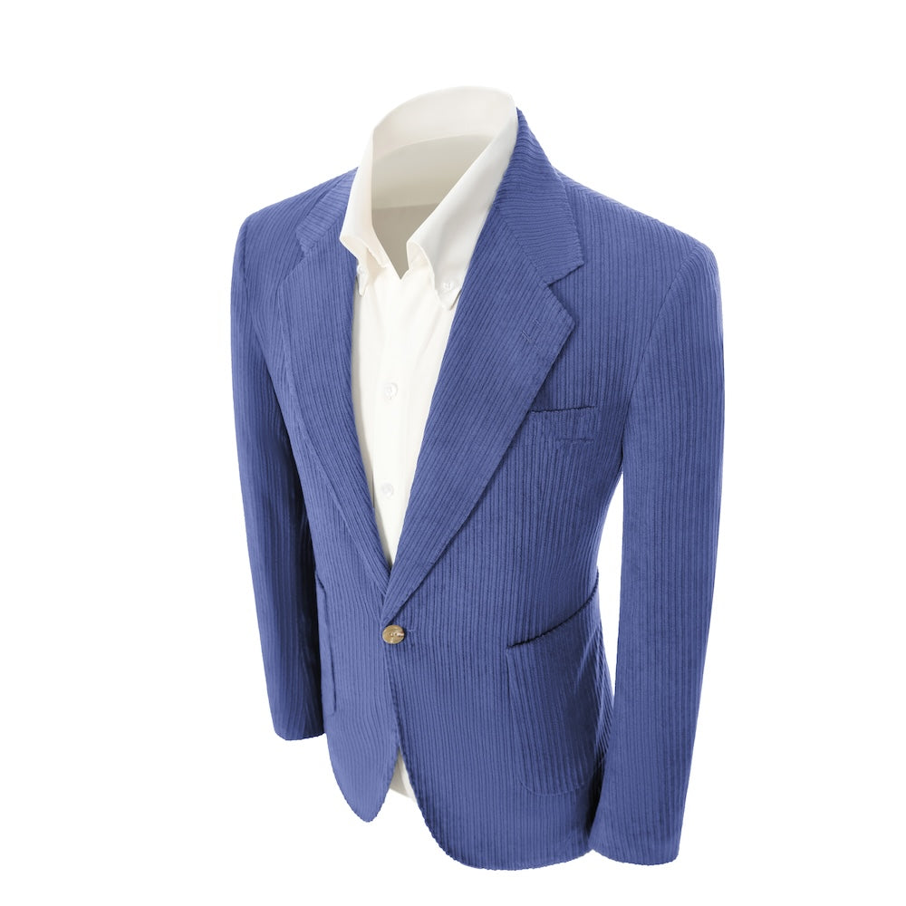 Left side of light royal blue corduroy prom blazer – casual peak lapel party look