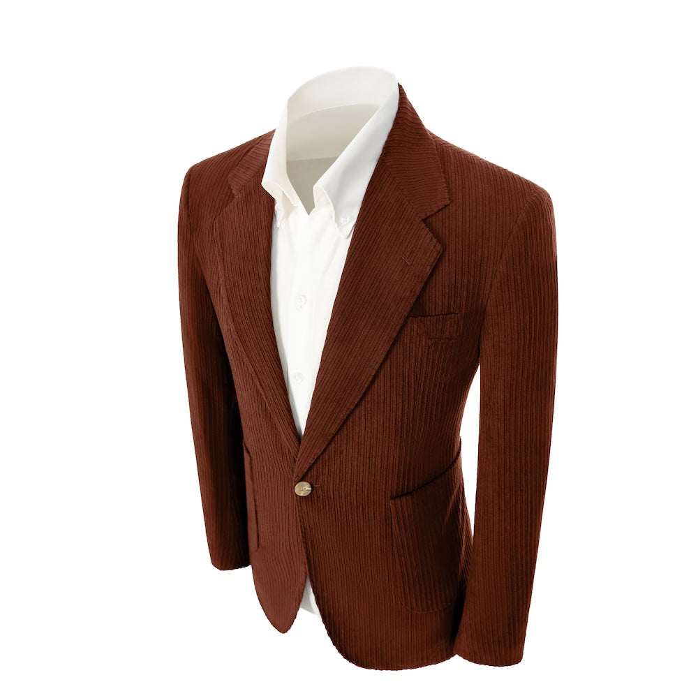 Left side of light wine red corduroy prom blazer – casual peak lapel party look