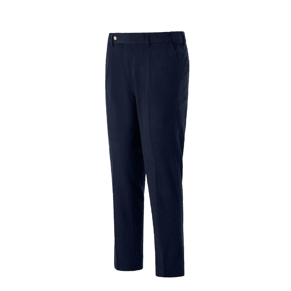 Side view of navy corduroy prom trousers – sleek formal cut for men