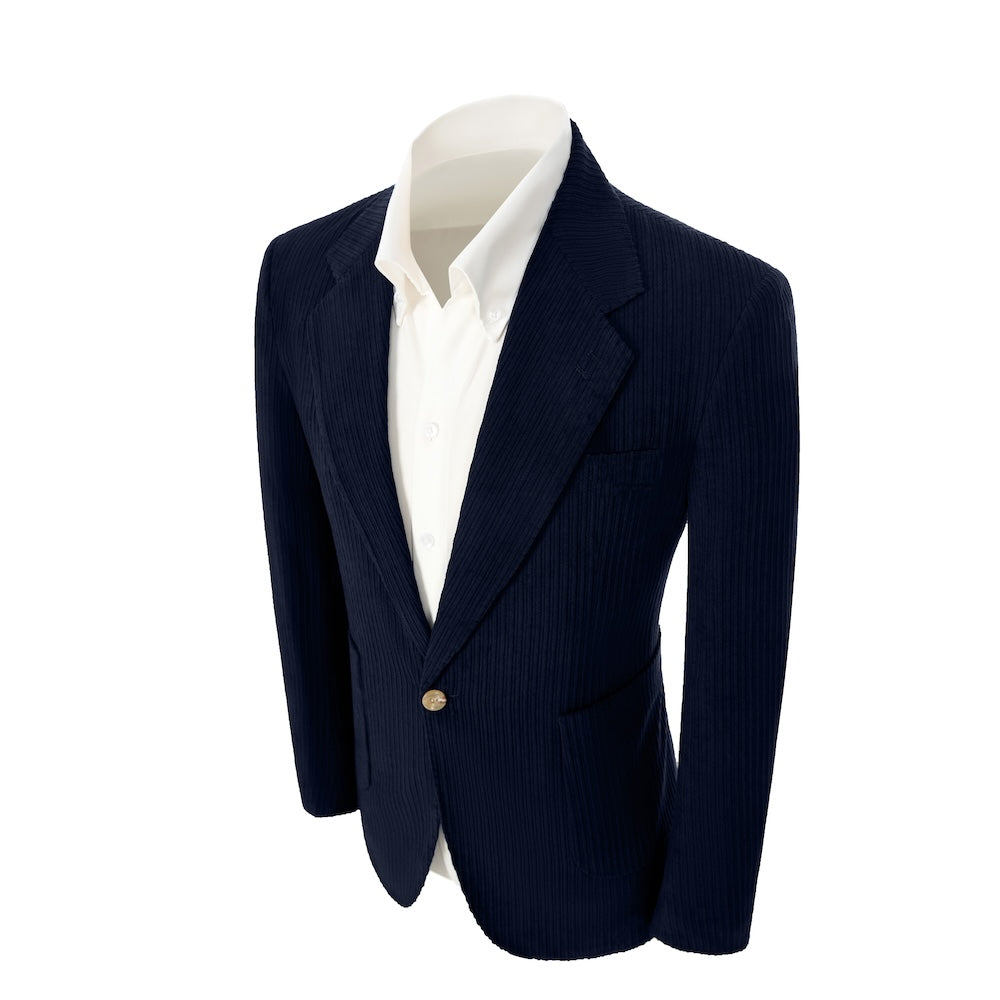 Left side of navy corduroy prom blazer – casual peak lapel party look