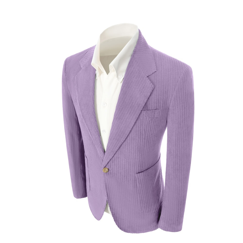 Left side of purple corduroy prom blazer – casual peak lapel party look