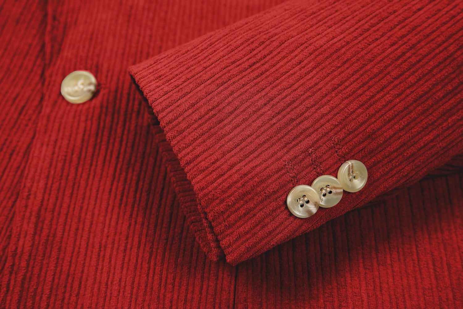 Cuff detail of red corduroy prom blazer – formal sleeve with neat finish