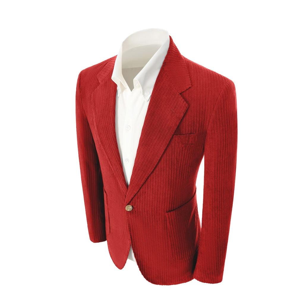 Left side of red corduroy prom blazer – casual peak lapel party look