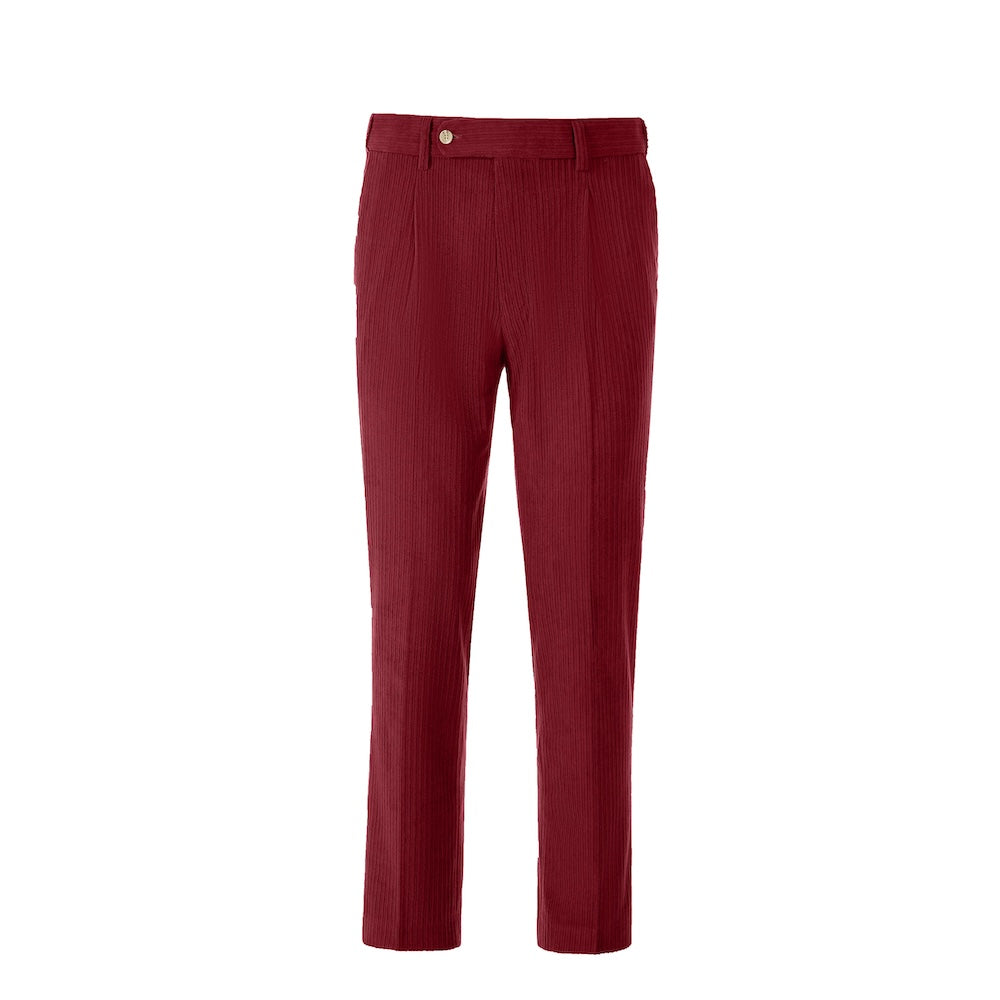 Front view of men's retro red corduroy pants – slim fit design for winter wear