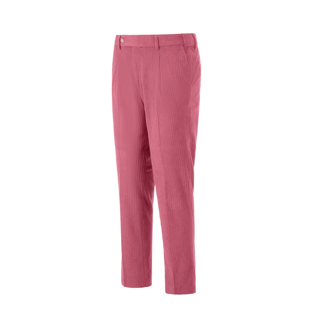 Side view of rose red corduroy prom trousers – sleek formal cut for men