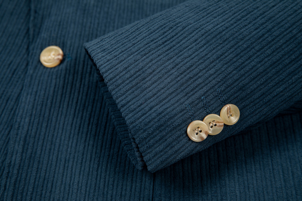Cuff detail of royal blue corduroy prom blazer – formal sleeve with neat finish