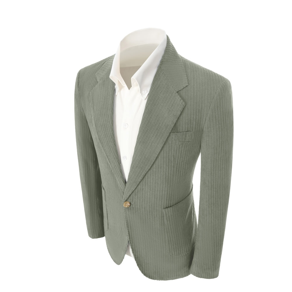 Left side of sage green corduroy prom blazer – casual peak lapel party look