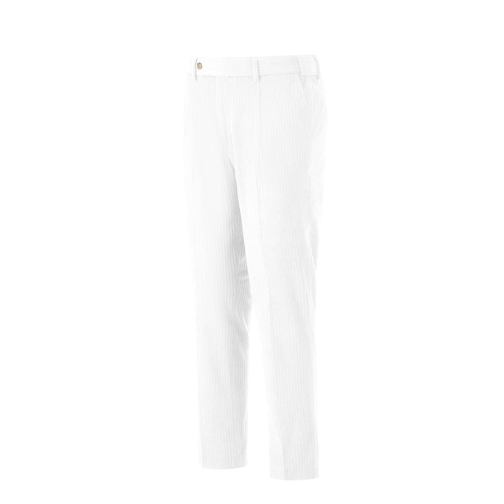 Side view of white corduroy prom trousers – sleek formal cut for men