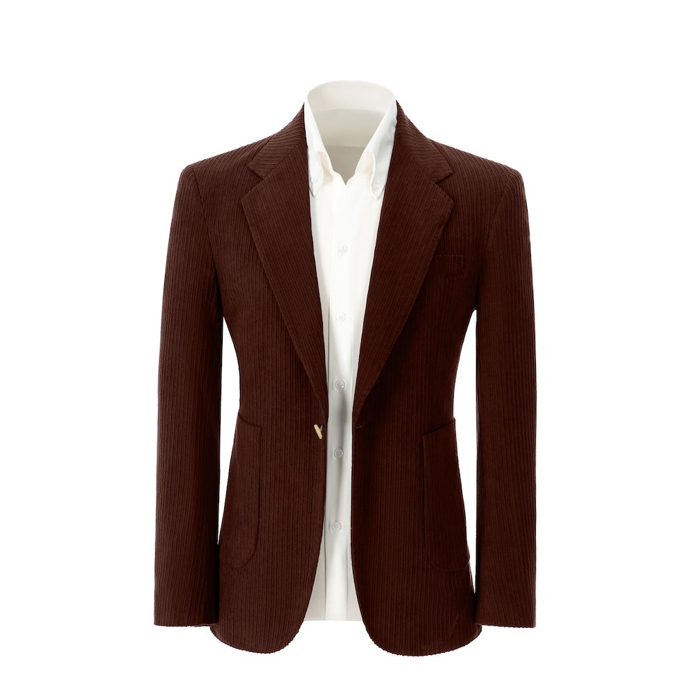 Men's wine red corduroy blazer – front view of winter 2 piece tailored suit