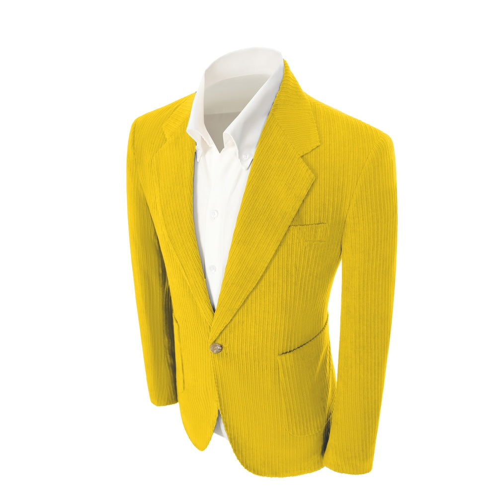 Left side of yellow corduroy prom blazer – casual peak lapel party look
