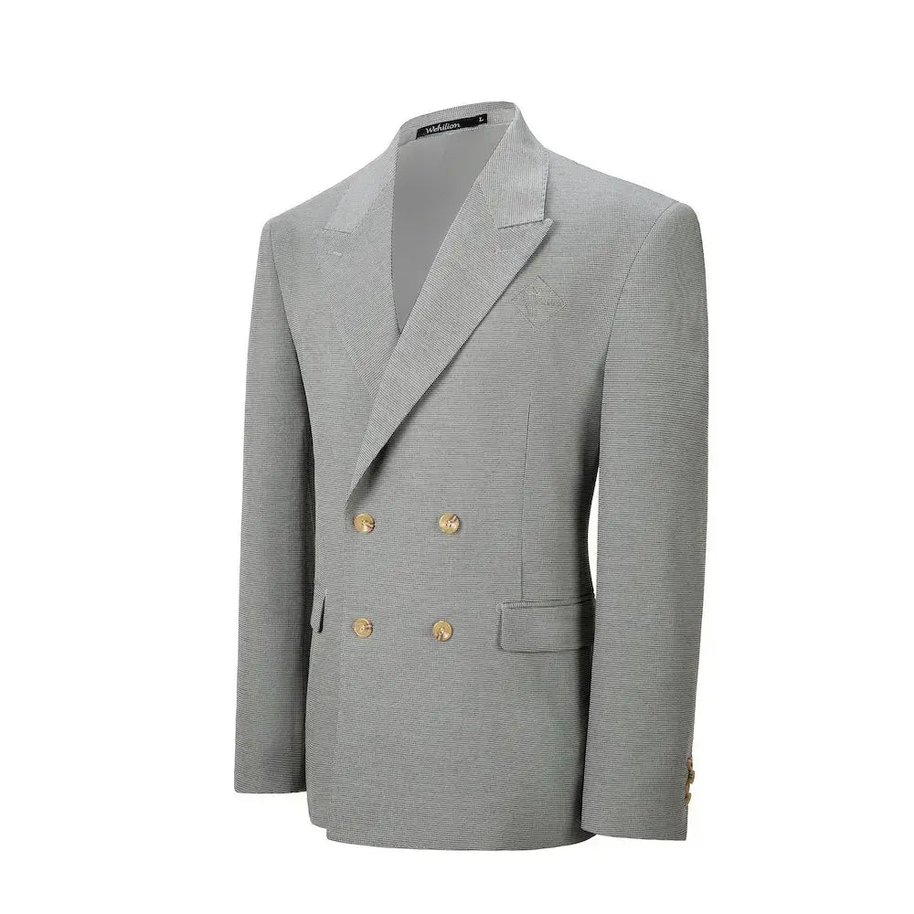 Angled view of grey double breasted plaid blazer with stylish peak lapel