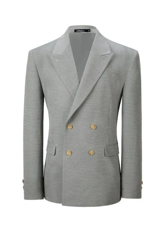 Men's designer double breasted plaid blazer front view with gold buttons and peak lapel